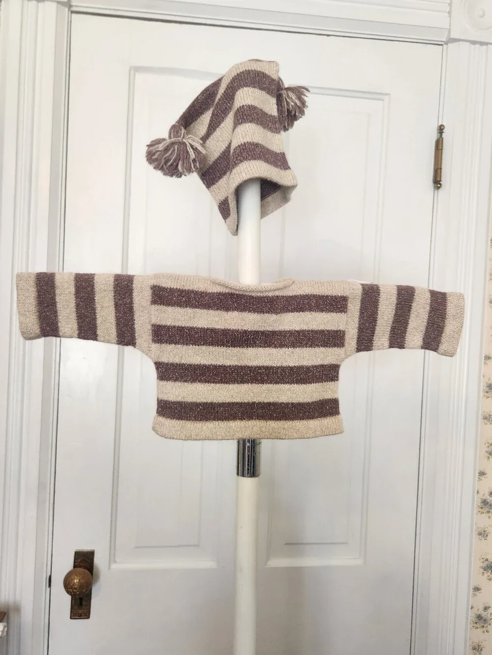 100% American Cashmere Grape Striped Baby Sweater + Square Pom Pom Hat Sz 3-6 Mo